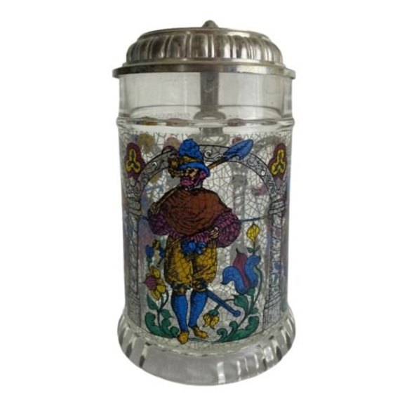 Vintage German BMF Glass Beer Stein Pewter Lid Stained Glass Crackle Pattern - Picture 2 of 8